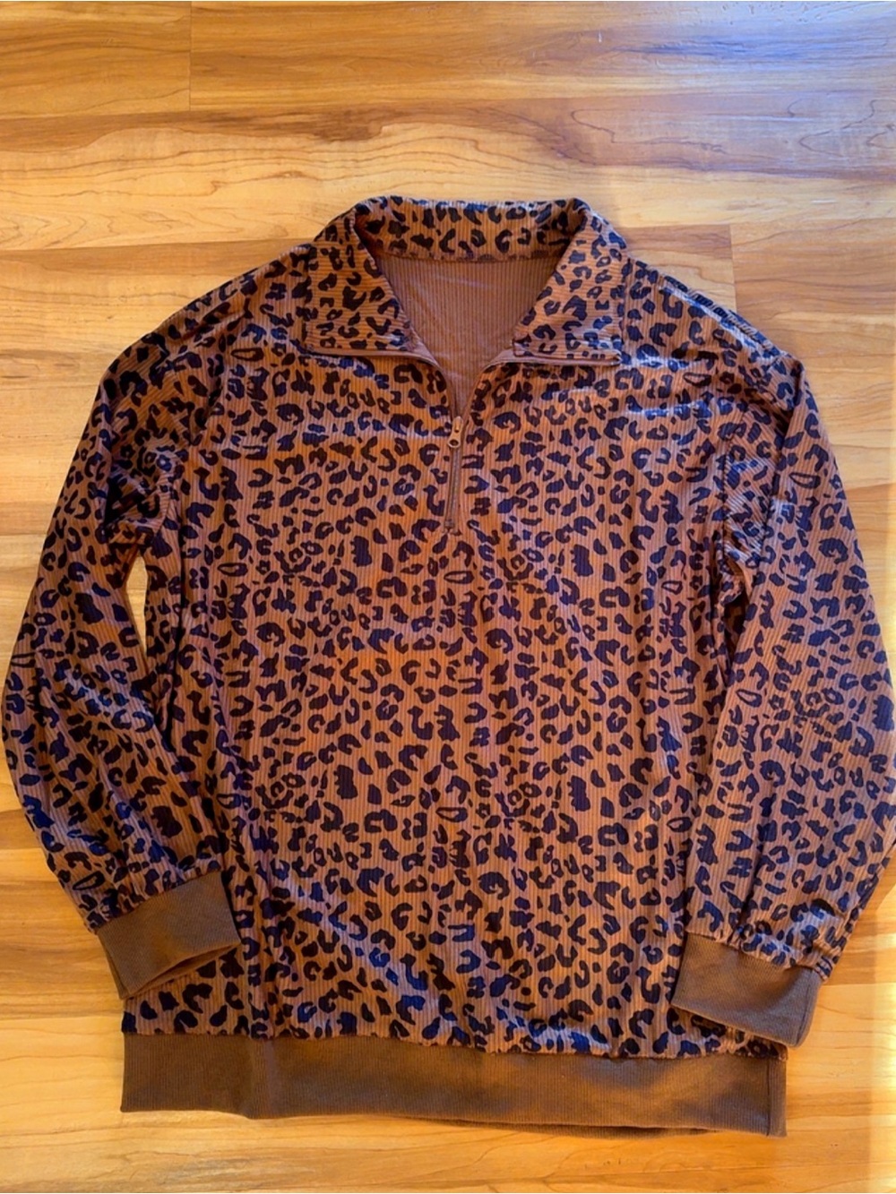 Boutique Leopard Print Quarter Zip Thermal Pullover Large NWOT Brown Ribbed Fall